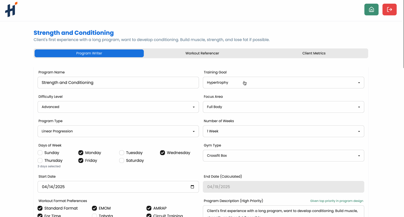 AI Program Writer generating 8 weeks of custom gym programming with equipment-specific workouts